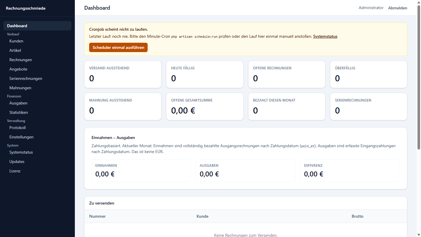 Dashboard der Rechnungssoftware Rechnungsschmiede